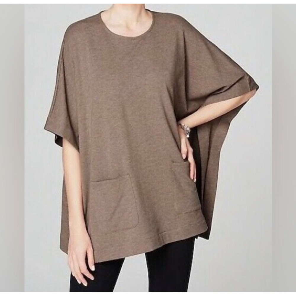 Pure Jill Oversized Brown Poncho Top Short Sleeve Pocket Knit Womens XS/S Beachy